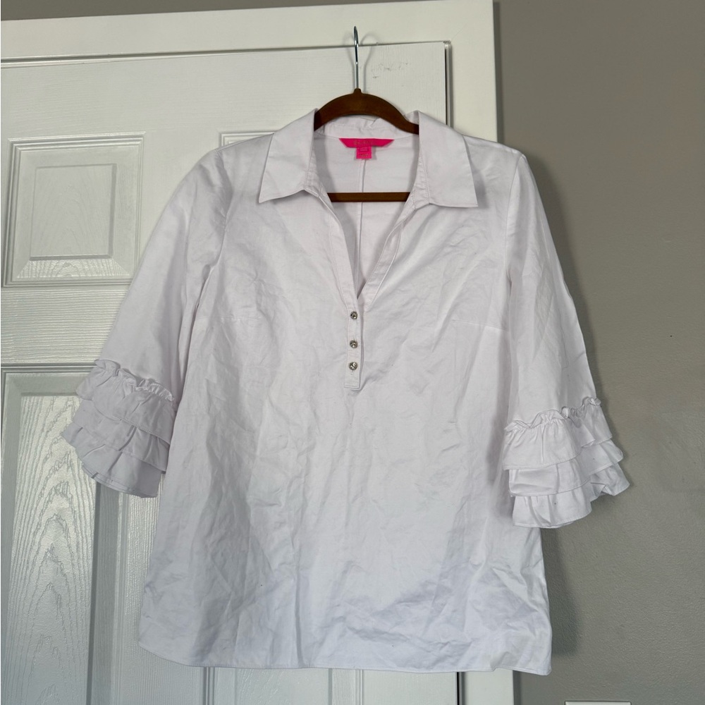 Lilly Pulitzer 100% cotton collar frill sleeves white top
